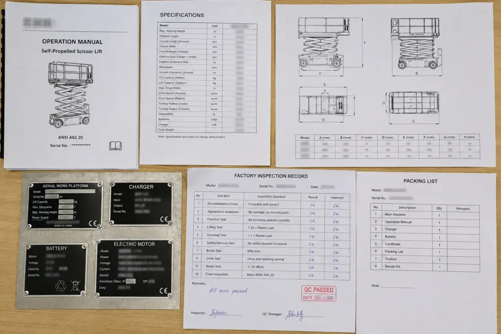 ANSI A92 aerial work platform document consistency check for model and capacity