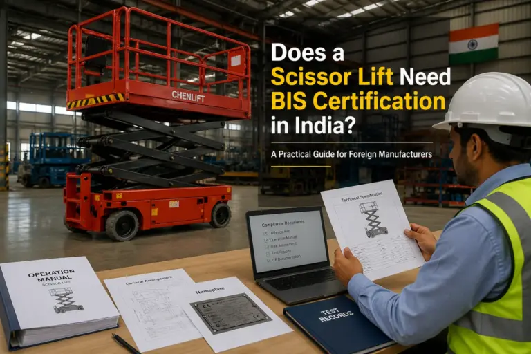 Scissor lift in an industrial facility with technical compliance documents for BIS certification in India
