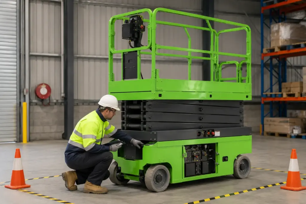 Pre-start inspection of an electric aerial work platform before site operation