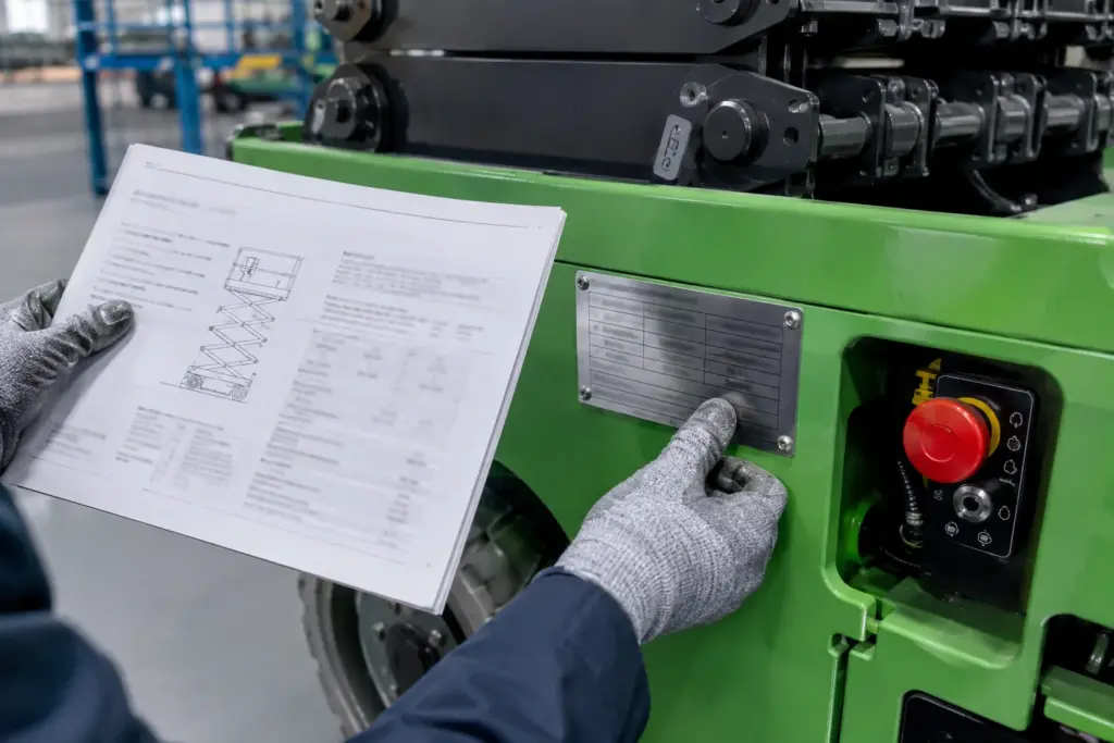 MEWP identification plate and technical document configuration check