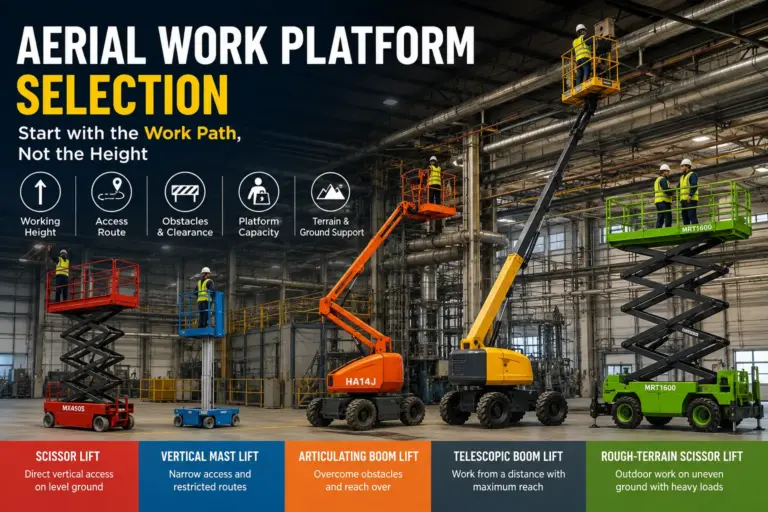 Aerial work platform selection guide showing different lift types for various work paths and site conditions