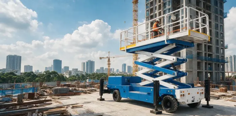 Scissor lift aerial work platform operating on a Vietnamese construction site — equipment covered by Vietnam's conformity declaration 